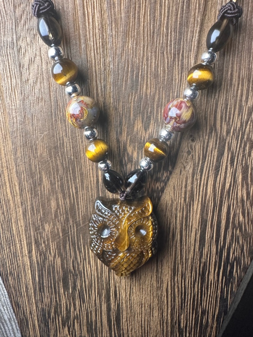 Handmade Tiger’s Eye Owl Pendant Beaded Necklace - Adjustable Rope, Smoky Quartz